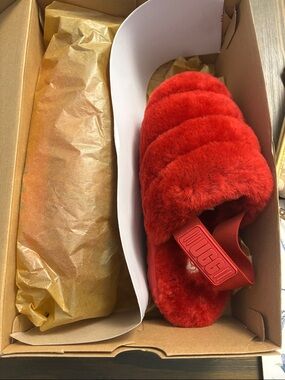 UGG Red Fluffy Slide with Branded Elastic Heel
